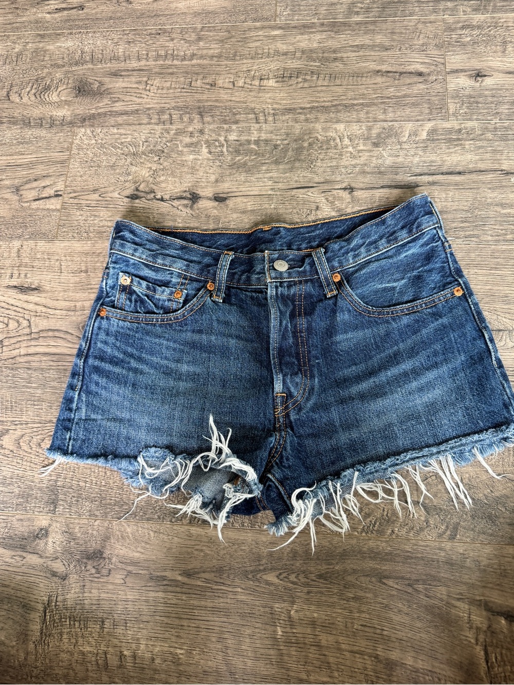 Levi's Dark Blue Distressed Raw-Hem Denim Shorts